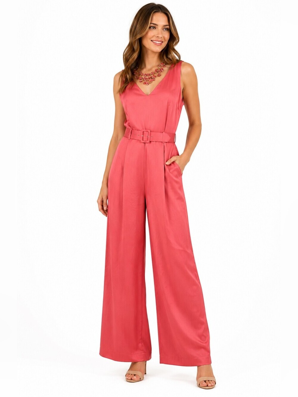 Antonio Melani Coral Red Wide-Leg Belted Jumpsuit V-Neck Sleeveless Size 8